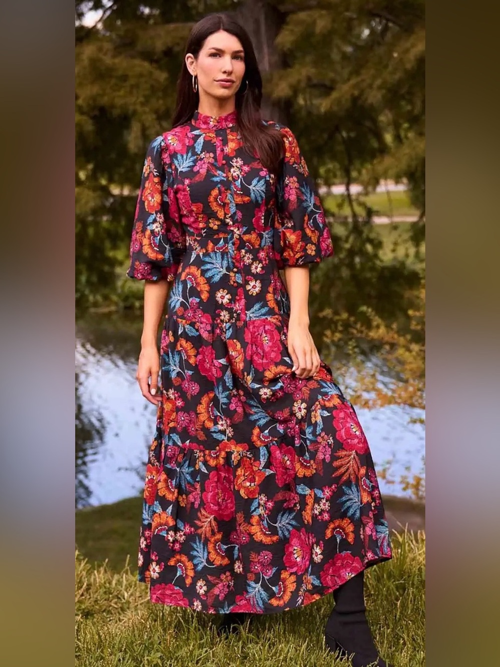 Avara Women’s Medium Desi Floral High-Neck Maxi Dress Black Puff Sleeves NWT